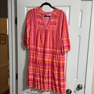 Goa by Japna Pink and Orange Aztec Flutter Sleeve V Neck Cover Up Midi Dress